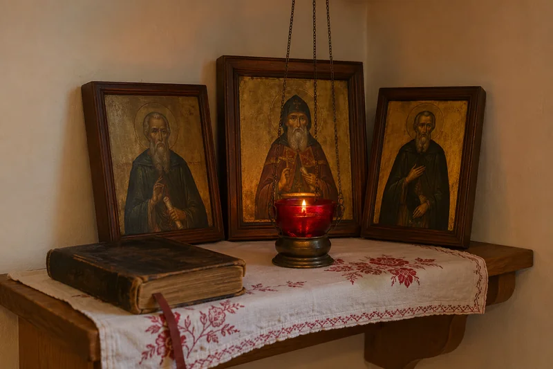 Деревянная полка красного угла с несколькими иконами святых, перед ними горит лампада, рядом лежит раскрытый молитвослов — святые-чудотворцы и молитва им