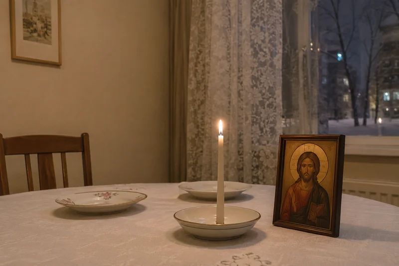Тонкая свеча горит на праздничном столе рядом с иконой, мягкий вечерний свет — молитва за близких на встречу нового года