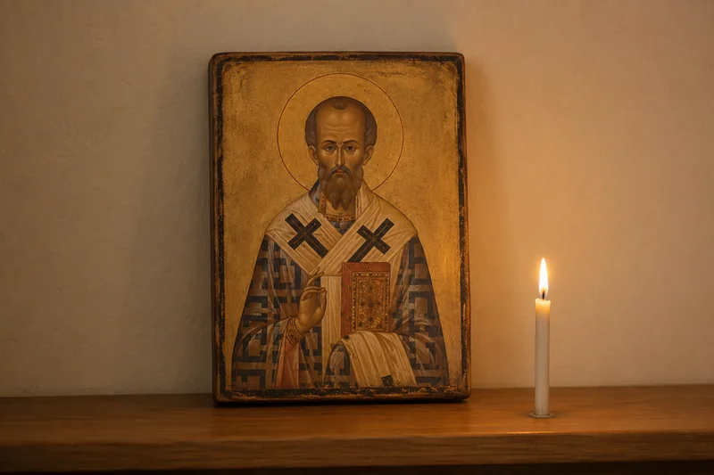 Икона святителя Иоанна Златоуста и тонкая восковая свеча в спокойном тёплом свете — заговор на успешные переговоры к Иоанну Златоусту