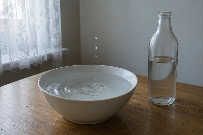 Умывание святой водой над глубокой миской, рядом стеклянная бутылка с водой в тихом утреннем свете — омовение при снятии порчи