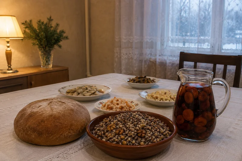 Накрытый рождественский стол с караваем, кутьёй, узваром и угощением в спокойном тёплом вечернем свете — частые вопросы о наговоре на праздничную еду