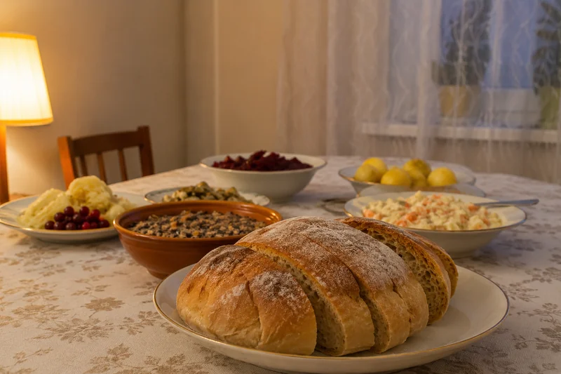 Праздничный стол с караваем, кутьёй и угощением, нарезанный хлеб на блюде готов к тому, чтобы поделить между родными, тёплый вечерний свет — как делятся заговорённой едой