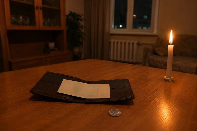 Кошелёк с расправленной купюрой и одной монетой на столе при свете свечи — рождественский денежный обычай
