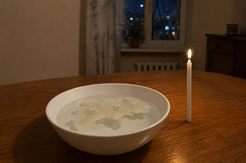 Застывший воск в миске с холодной водой при свете свечи — гадание на воске на достаток