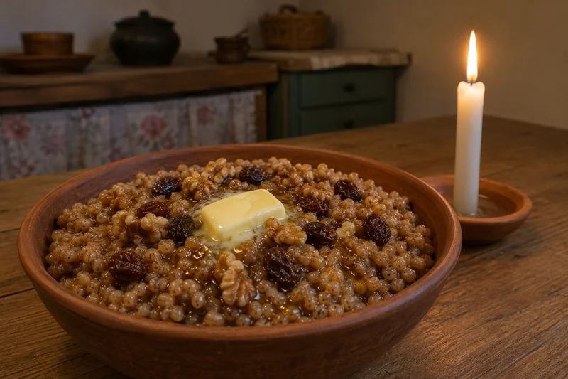 Глиняная миска со щедрой кутьёй из пшеницы и риса с куском сливочного масла, горстью изюма и мёдом на простом деревянном столе при тёплом вечернем свете свечи — щедрая кутья на ужин