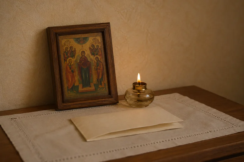 Тёплый домашний угол: небольшая икона, лампада с ровным огоньком и сложенное письмо на чистой скатерти в мягком вечернем свете — молитвенная опора для родных заключённого