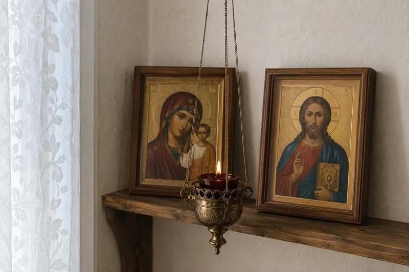 Зажжённая лампада перед иконой Спасителя и Богородицы в тихом утреннем свете — краткое утреннее правило для начинающих