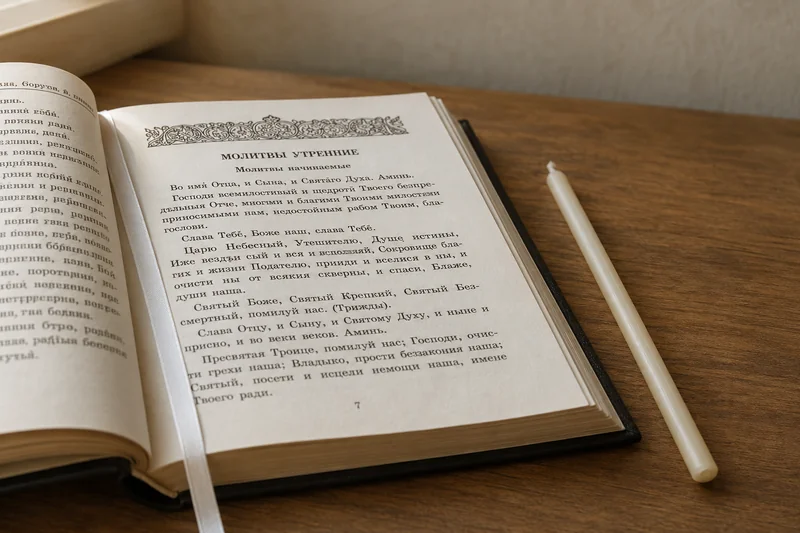 Раскрытый молитвослов на разделе «Молитвы утренние» рядом с тонкой свечой на деревянном столе у окна — в каком порядке читаются утренние молитвы
