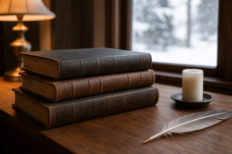 Стопка закрытых старинных книг в мягком зимнем свете — поздний литературный образ Карачуна