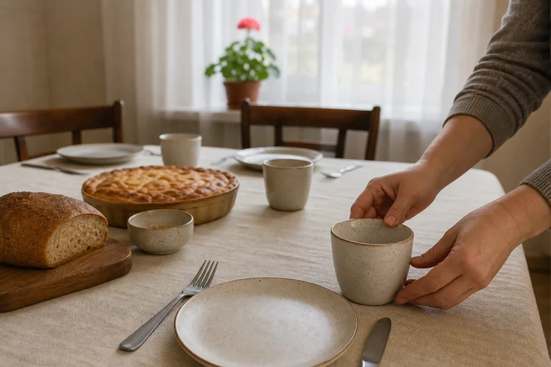 Домашний стол с хлебом, пирогом и несколькими простыми чашками для гостей — традиции Михайлова дня