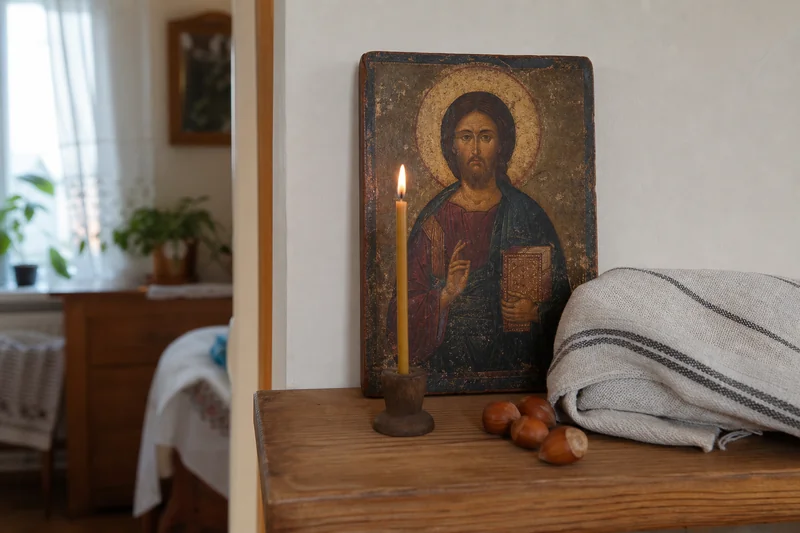 Небольшая икона Спаса и тонкая свеча на полке в тёплом свете — частые вопросы о молитве на Ореховый Спас