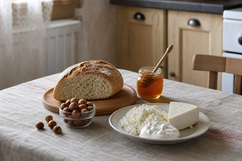 Праздничный стол с хлебом нового урожая, орехами и мёдом на льняной скатерти — конец Успенского поста на Ореховый Спас