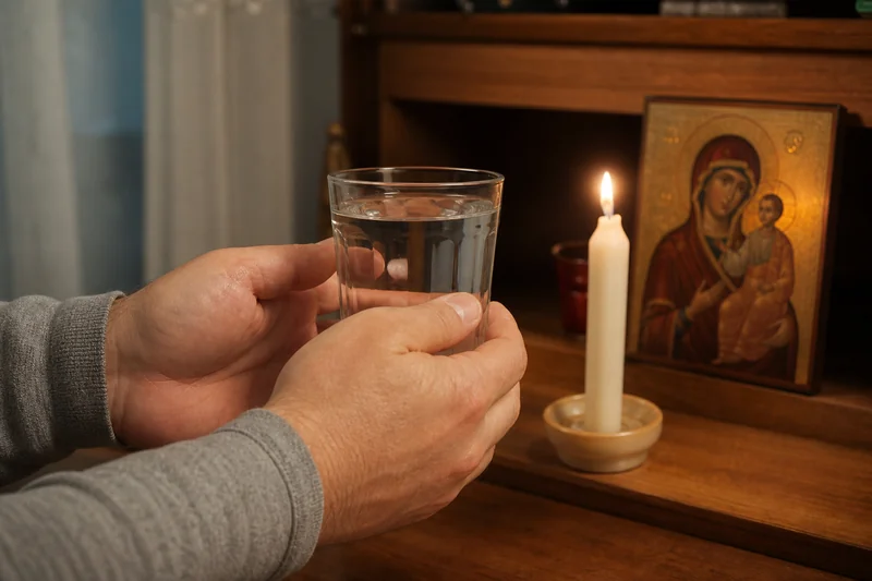 Руки держат стакан святой воды у зажжённой свечи перед иконой Богородицы, тёплый вечерний свет — чтение молитвы против порчи на смерть над водой