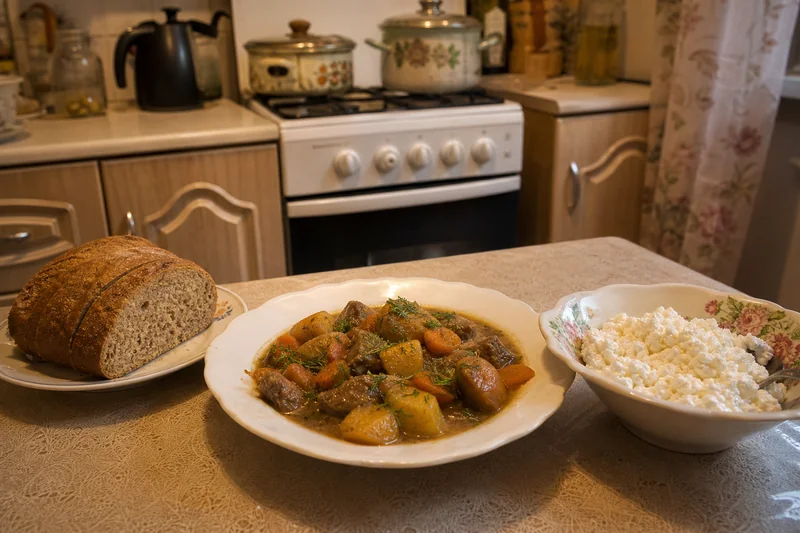 Праздничный стол с мясным блюдом, творогом и свежим хлебом после окончания Успенского поста на Ореховый Спас