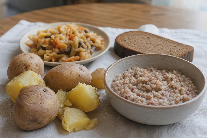 Отварной картофель, тушёные овощи, ломоть чёрного хлеба и каша на плоской тарелке — постный стол на Усекновение главы Иоанна Предтечи