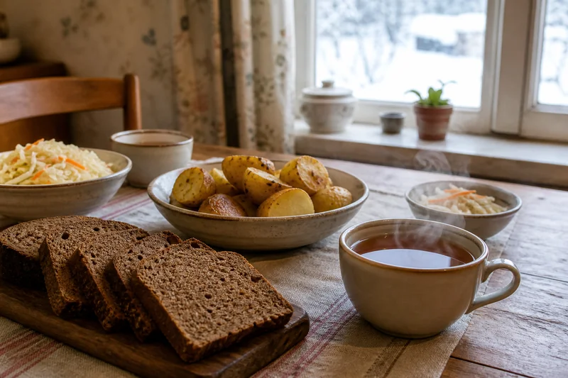 Простой постный стол с печёным картофелем, хлебом и чаем — трапеза на Николу Зимнего