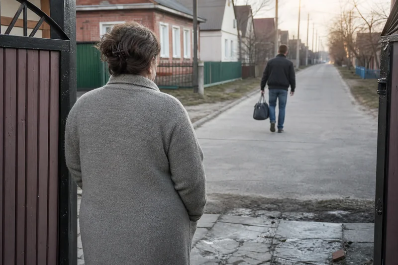 Мать смотрит вслед уходящему по улице взрослому сыну