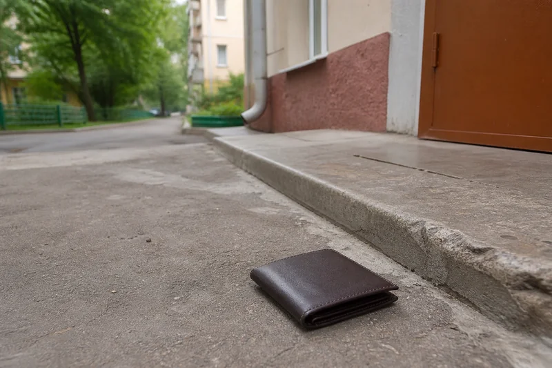 Забытый кошелёк лежит у порога подъезда в дневном свете — вещь, которую вор вернул