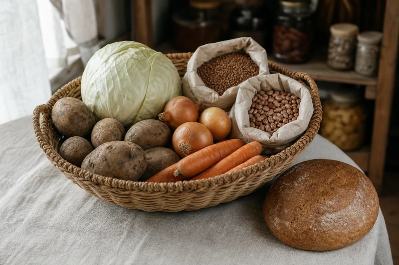 Корзина с картофелем, капустой, морковью и крупами рядом с постным хлебом — что можно есть в Рождественский пост