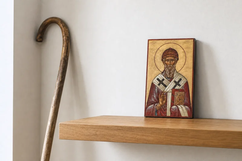Икона святителя Спиридона рядом с простым пастушеским посохом — житие святителя Спиридона Тримифунтского