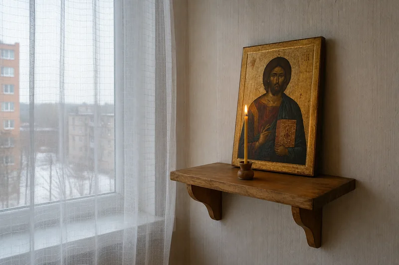 Уголок с иконой, тонкой свечой и открытым окном с тюлем в конце августа — Успенский пост между тремя Спасами