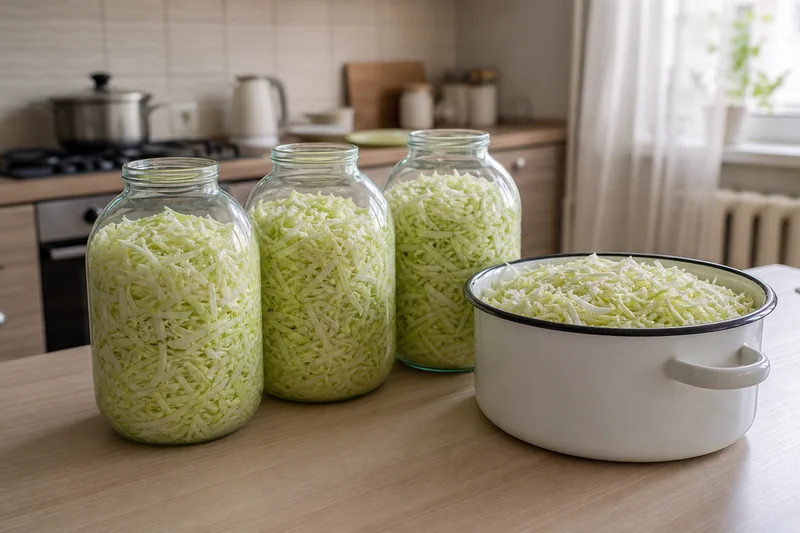 Стеклянные банки и эмалированная кастрюля с капустой на кухне — современная адаптация обряда капусток