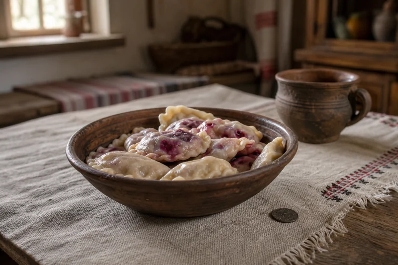 Глиняная миска с варениками и монета рядом — локальные полесские записи, связанные с Введеньем