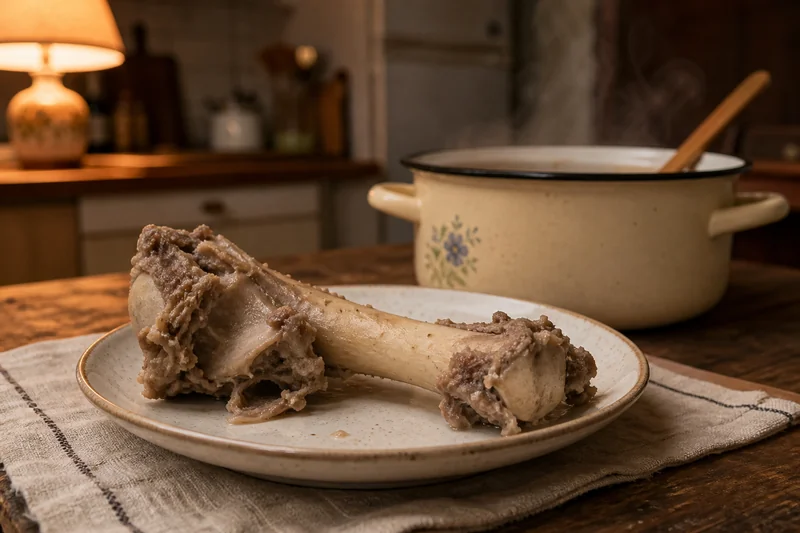 Кастрюля с бульоном на плите и мясная кость на простой тарелке — обряд от могильной кости на убывающую луну