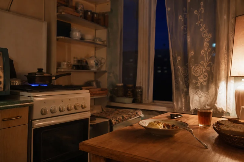 Тихая кухня вечером с горящей плитой и накрытым на одного человека столом — когда и как готовить еду с наговором против измены мужа