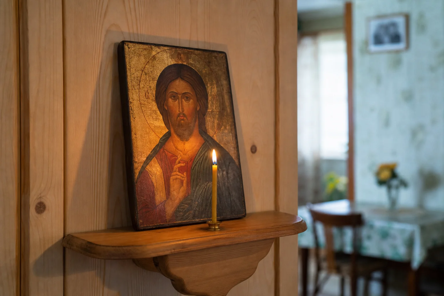 Небольшая икона на полке и зажжённая тонкая свеча перед ней — молитва Петру и Февронии в помощь браку