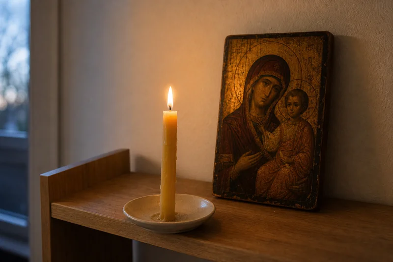 Горящая восковая свеча перед небольшой иконой на полке — молитва о мире в семье, чтобы свекровь отстала