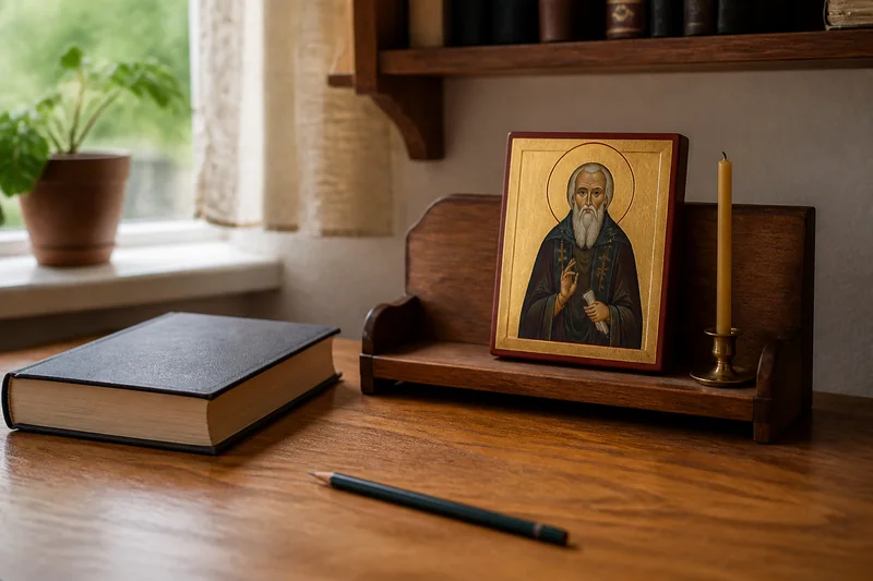 Икона Сергия, книга и свеча — молитва преподобному Сергию