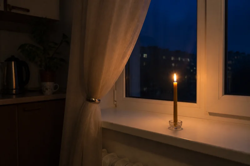 Кухонное окно вечером, зажжённая свеча на подоконнике и приглушённый свет комнаты — когда читают молитву