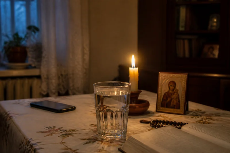 Стакан воды, свеча в устойчивом подсвечнике и домашняя икона