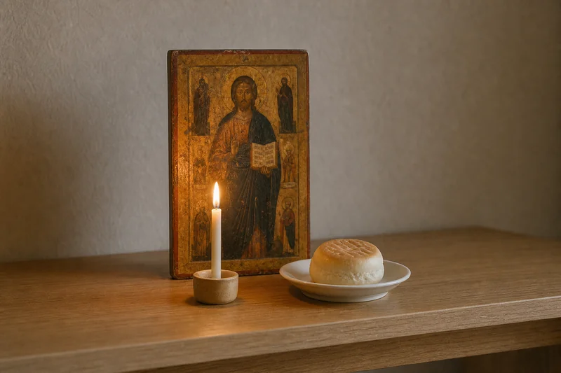 Небольшая простая икона на полке и просфора на блюдце рядом с зажжённой тонкой свечой — «Отче наш» перед молитвой на воду