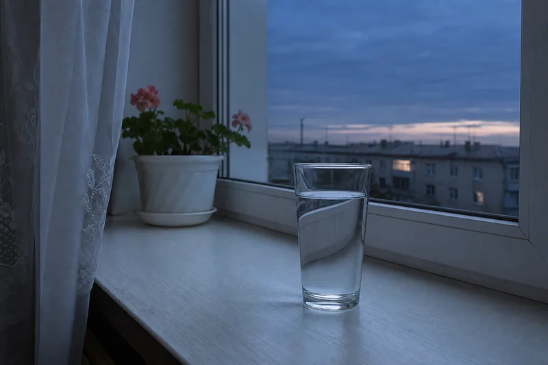 Кухонное окно перед рассветом с тёмно-синим небом и стаканом воды на подоконнике — когда читают молитву на воду для похудения