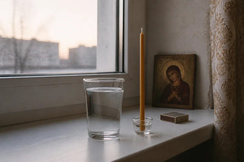 Стакан свежей воды, тонкая восковая свеча и домашняя икона у окна