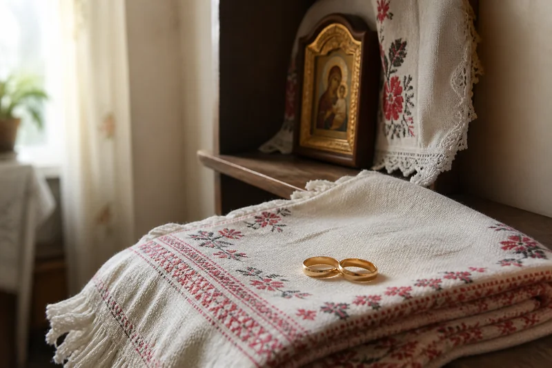 Венчальные кольца, рушник и домашняя икона перед церемонией