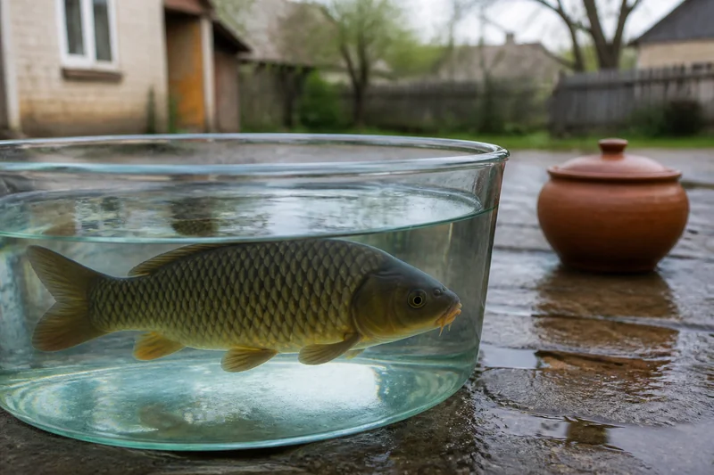 Здоровый карп в просторной воде и глиняный котелок для рассказа о рыбном обряде