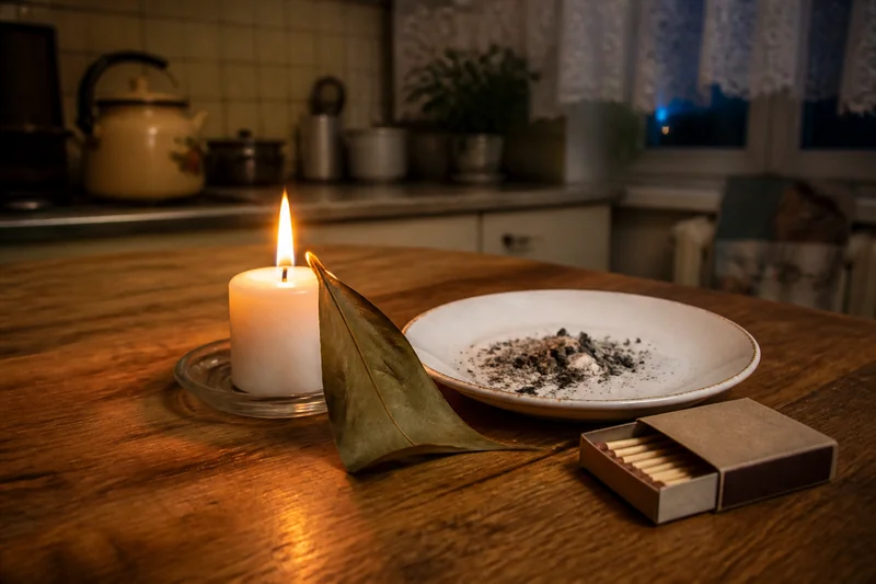 Сложенный лавровый лист, свеча, блюдце и коробок спичек