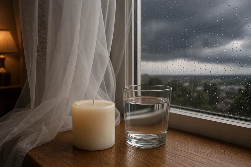Свеча и вода у окна во время грозы