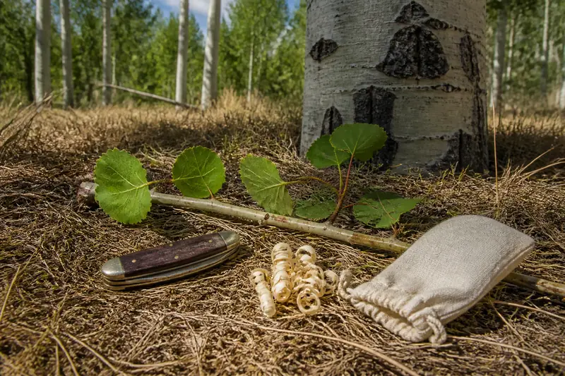 Осиновая ветка, закрытый нож, древесная стружка и льняной мешочек