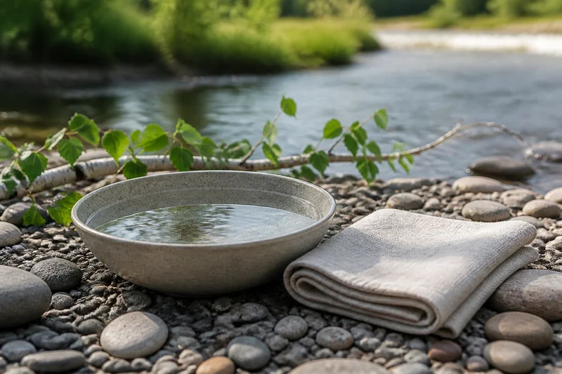 Чаша ручьевой воды, льняное полотенце, речные камни и берёзовая веточка — чтение заговора от отёков у ручья