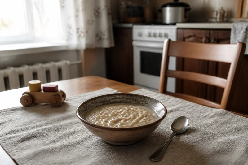 Тарелка каши, ложка и деревянная игрушка для частых вопросов о заговоре, чтобы ребёнок хорошо кушал