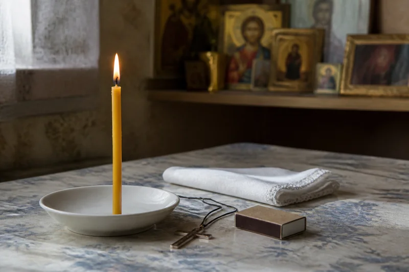 Свеча, нательный крест и коробок спичек для обряда в день рождения