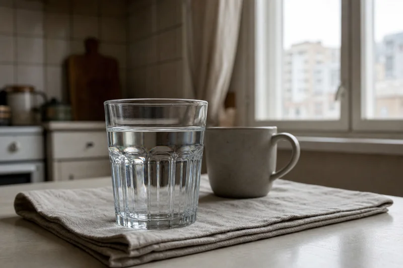 Стакан воды, салфетка и кружка для домашнего заговора от урчания