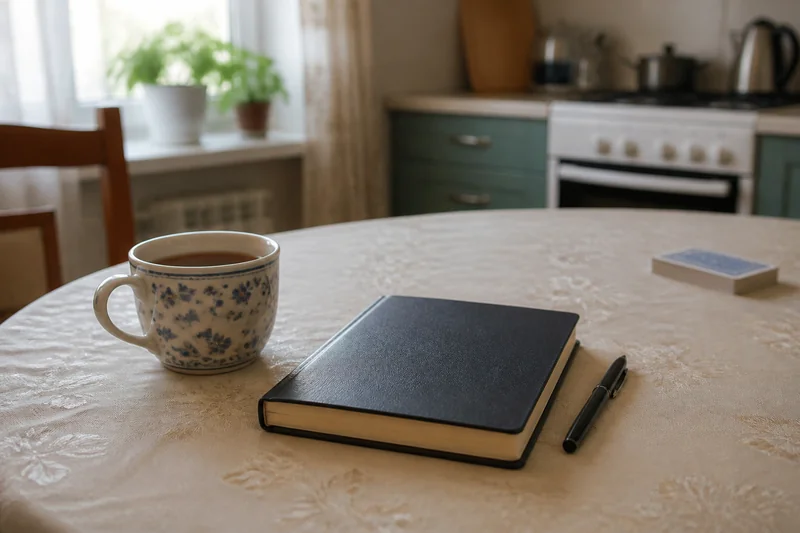 Записная книжка с ручкой, чашка чая и убранная в сторону колода карт на кухонном столе днём — игра на деньги и граница
