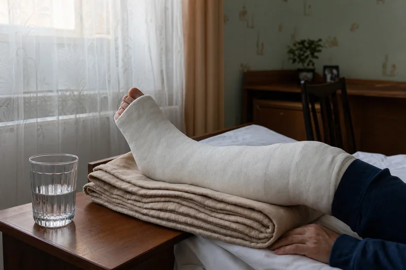 Гипс на сложенном одеяле и стакан воды у кровати — заговоры при переломах